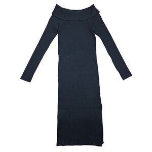 Womens Black Ribbed Off Shoulder Long Sleeve Bodycon Midi Dress Slit NWOT.